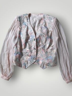 Vintage Miss Elliette 80s pink floral blouse with sheer sleeves button-up front